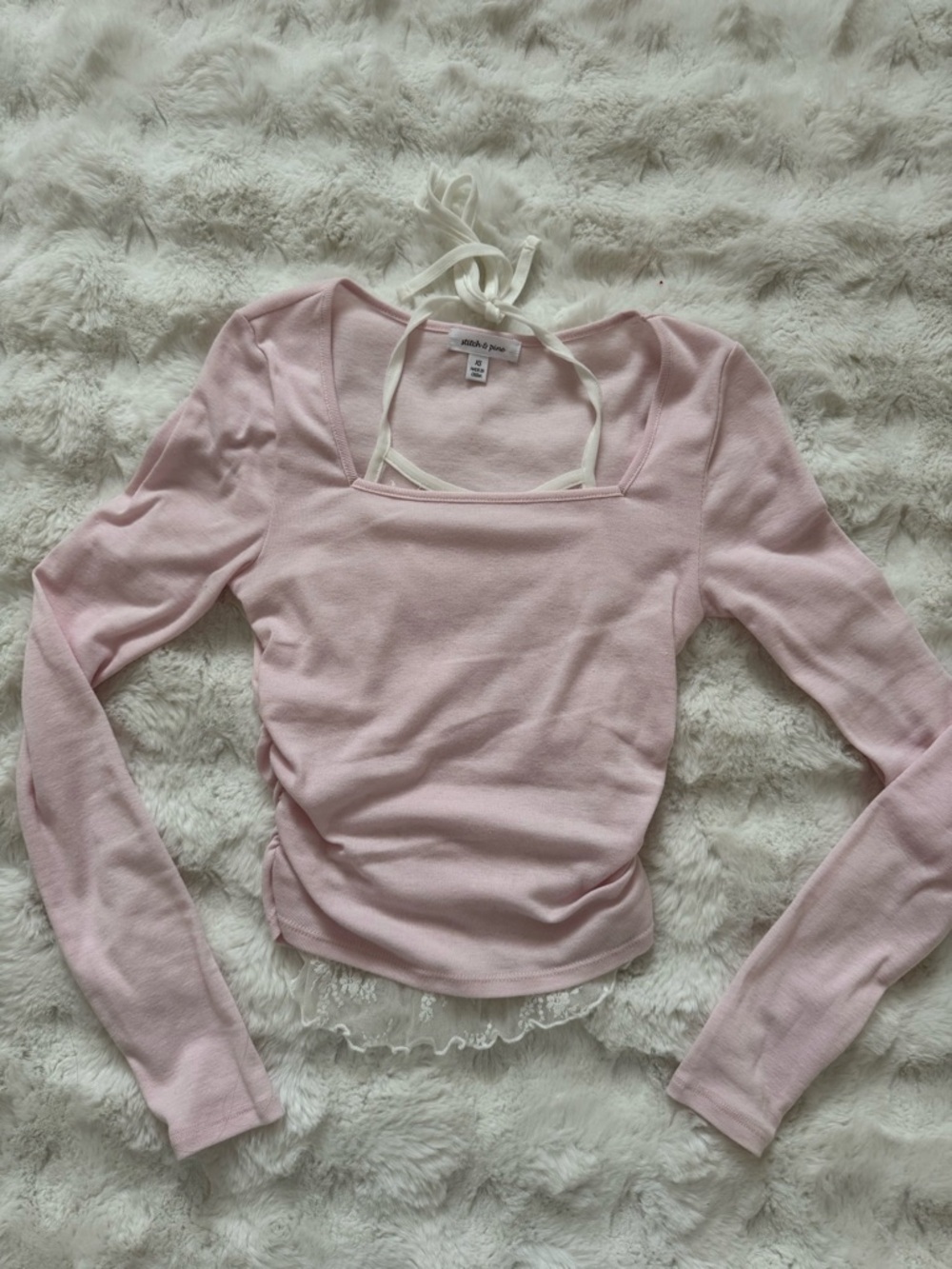 Pink Ribbed Long-Sleeve Square-Neck Top with lace details